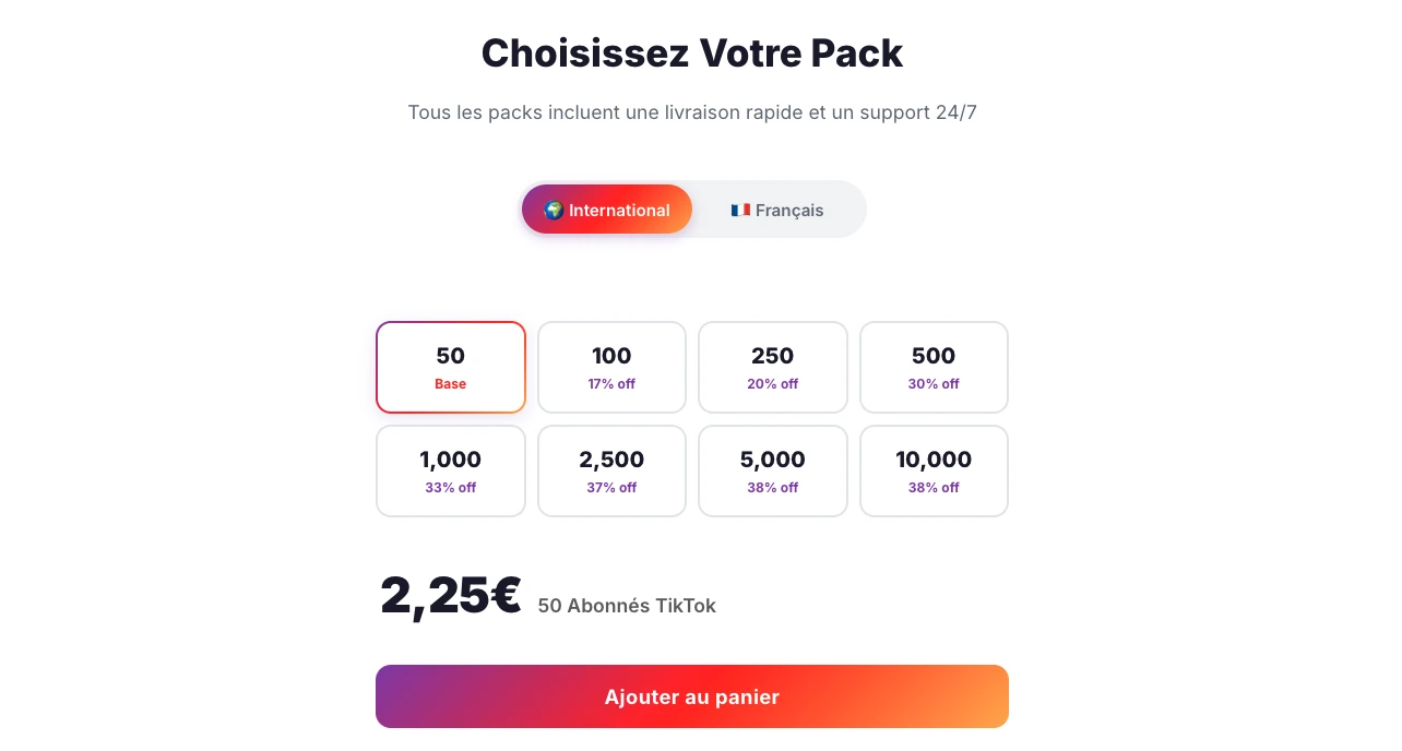 Packs followers TikTok disponibles sur Followers Lab avec les tarifs